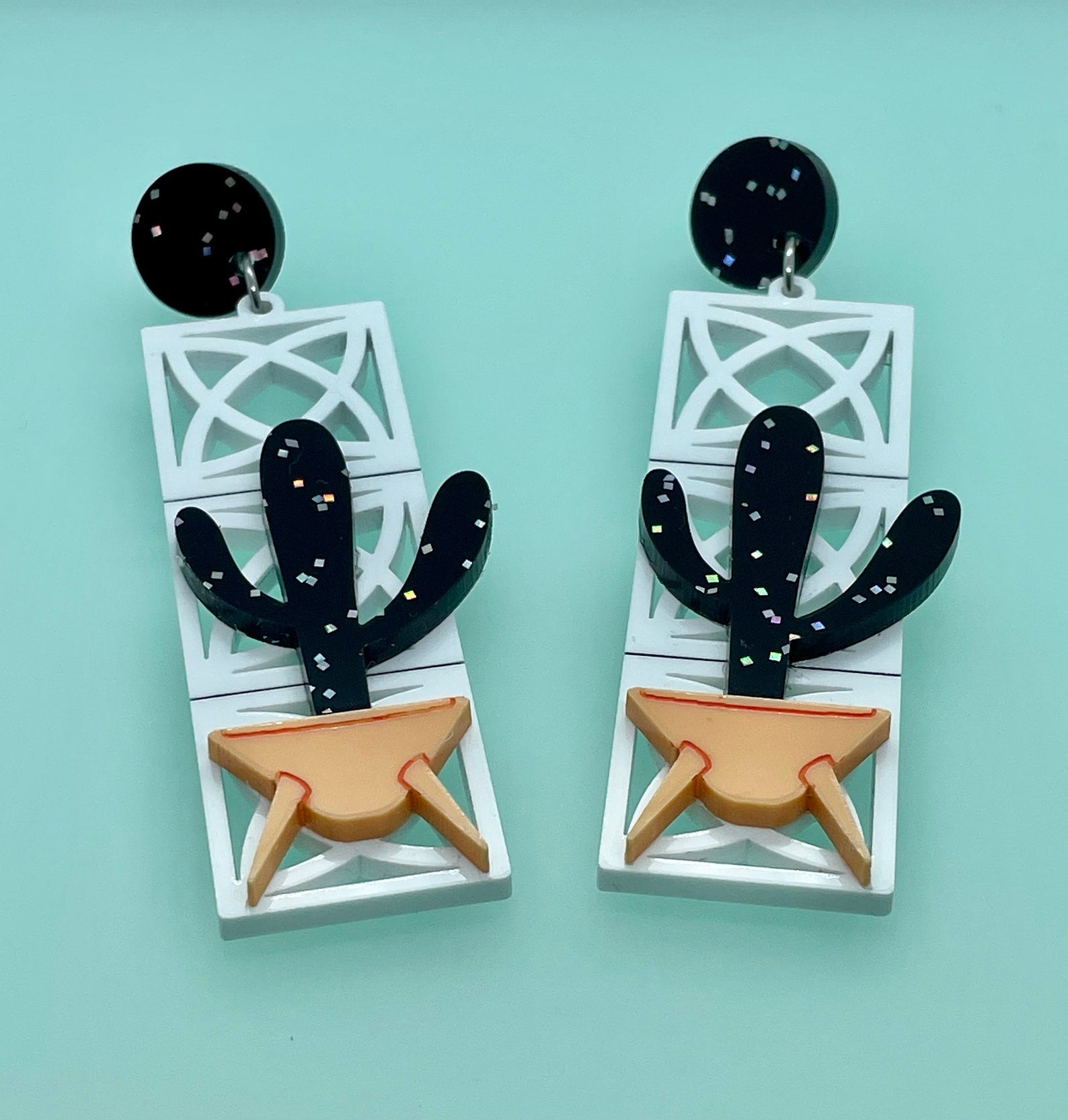 Moonlight Cactus & Breeze Block Acrylic Earrings, Atomic Breeze Blocks, Sputnik pot, Palm Springs Style, 1960’s - Rockabilly Australia Pty Ltd