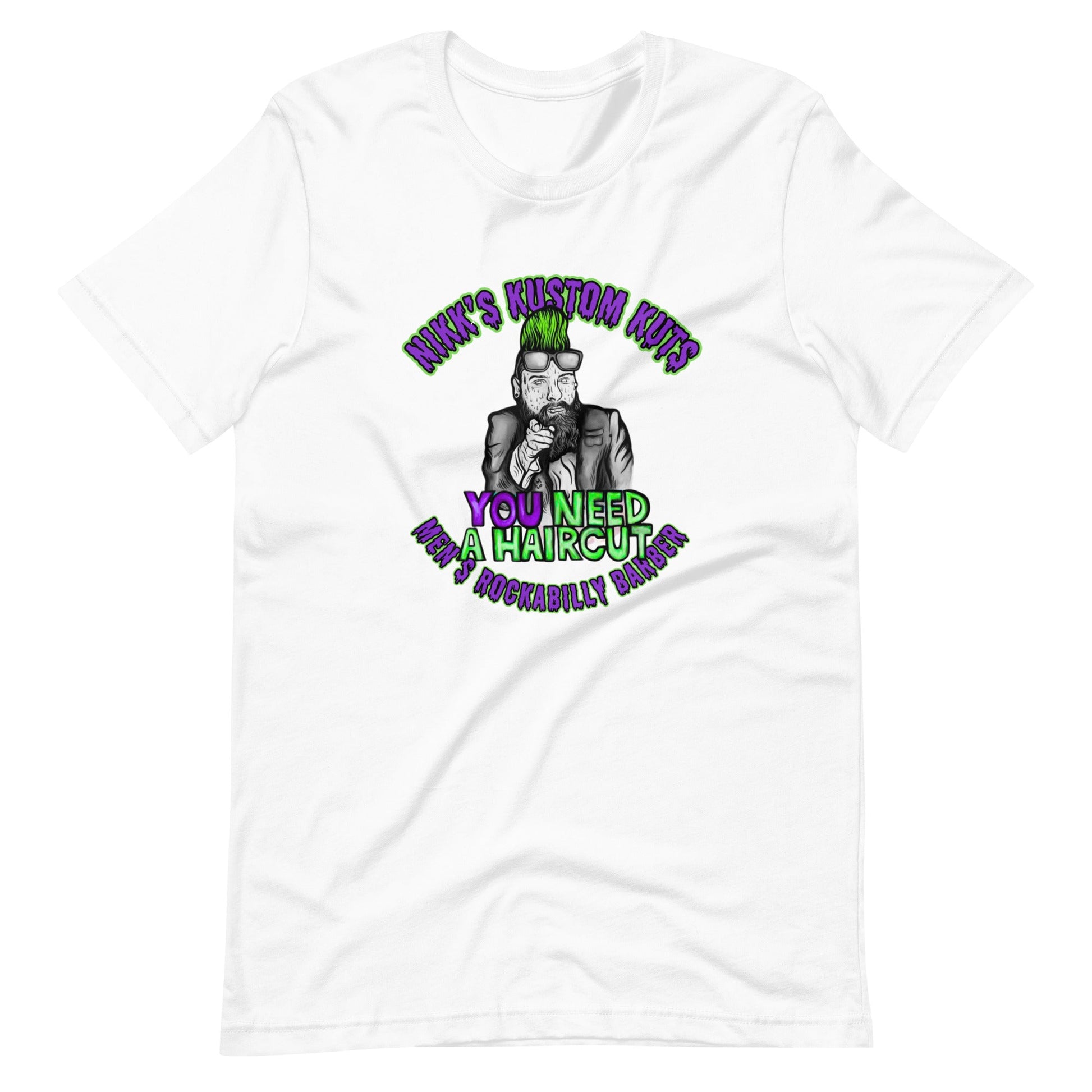 Nikk's Kustom Kuts "You Need A Haircut" Unisex Tee in White - Rockabilly Australia Pty Ltd