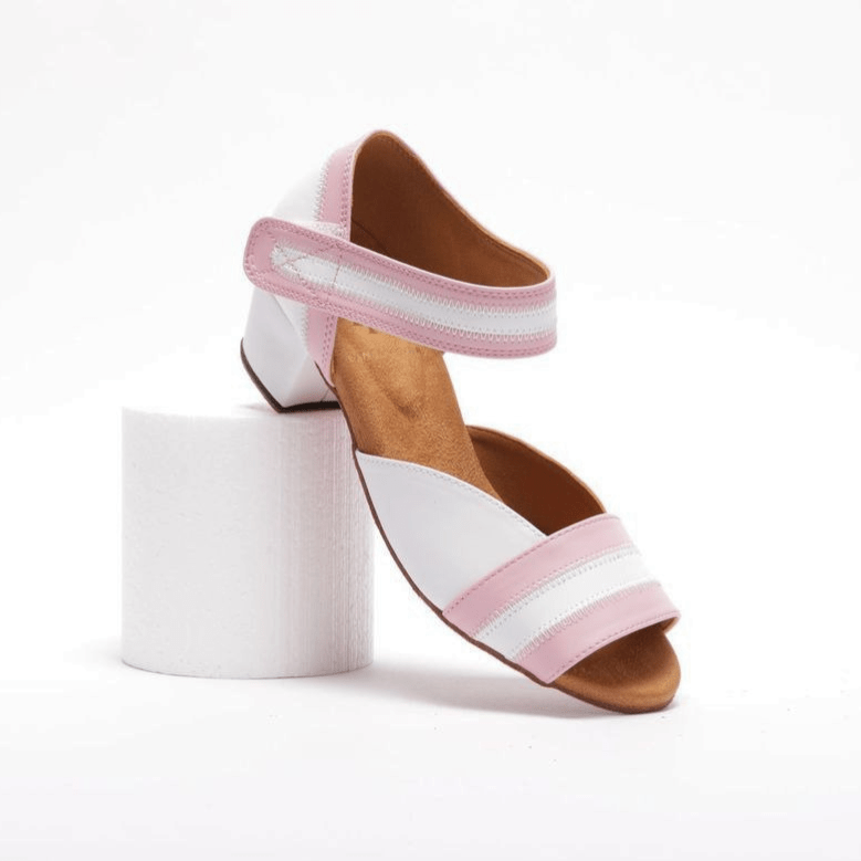 Peep toe, 1.5 Inch Cuban Heel, Velcro Ankle Strap, Dance Shoe in White Vegan Leather with Baby Pink Vegan Leather Detailing - (2018PW) - Rockabilly Australia Pty Ltd