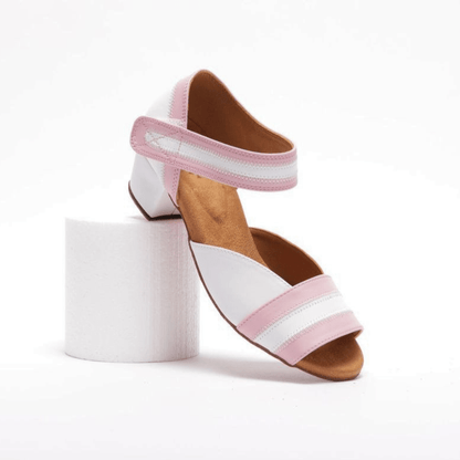 Peep toe, 1.5 Inch Cuban Heel, Velcro Ankle Strap, Dance Shoe in White Vegan Leather with Baby Pink Vegan Leather Detailing - (2018PW) - Rockabilly Australia Pty Ltd