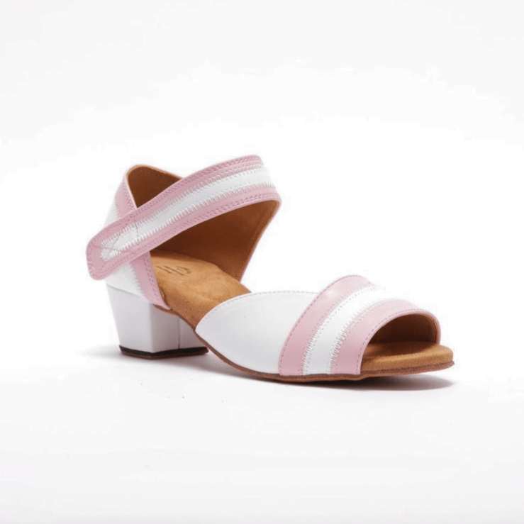 Peep toe, 1.5 Inch Cuban Heel, Velcro Ankle Strap, Dance Shoe in White Vegan Leather with Baby Pink Vegan Leather Detailing - (2018PW) - Rockabilly Australia Pty Ltd
