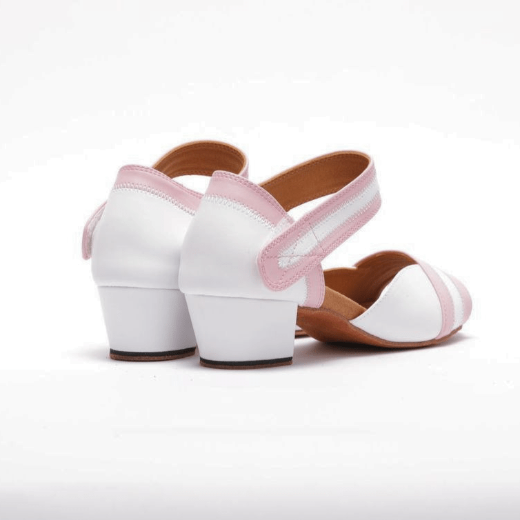 Peep toe, 1.5 Inch Cuban Heel, Velcro Ankle Strap, Dance Shoe in White Vegan Leather with Baby Pink Vegan Leather Detailing - (2018PW) - Rockabilly Australia Pty Ltd