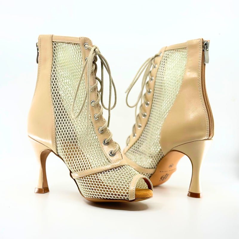 Premium Ladies Commercial Dance Boots In Beige Patent And Soft Microfibre Netting - (VITTORIA) - Rockabilly Australia Pty Ltd