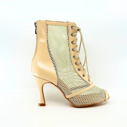 Premium Ladies Commercial Dance Boots In Beige Patent And Soft Microfibre Netting - (VITTORIA) - Rockabilly Australia Pty Ltd