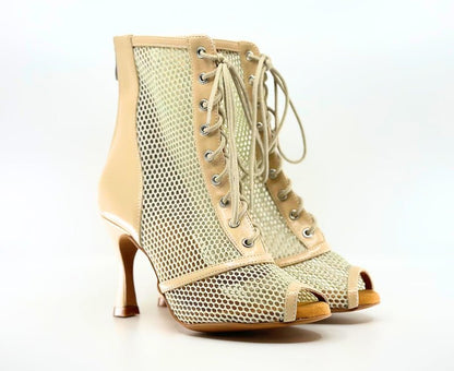 Premium Ladies Commercial Dance Boots In Beige Patent And Soft Microfibre Netting - (VITTORIA) - Rockabilly Australia Pty Ltd