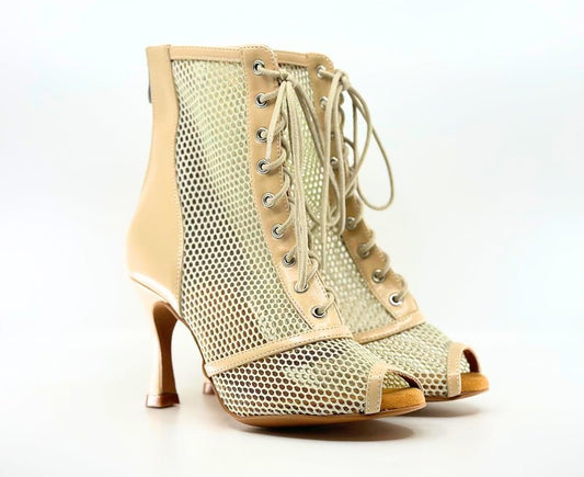 Premium Ladies Commercial Dance Boots In Beige Patent And Soft Microfibre Netting - (VITTORIA) - Rockabilly Australia Pty Ltd
