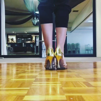 Ladies, Classic, 5 Strap, T-Bar, 3.5 Inch Stiletto, Latin Dance Shoe in Metallic Gold Leather - (S23G)
