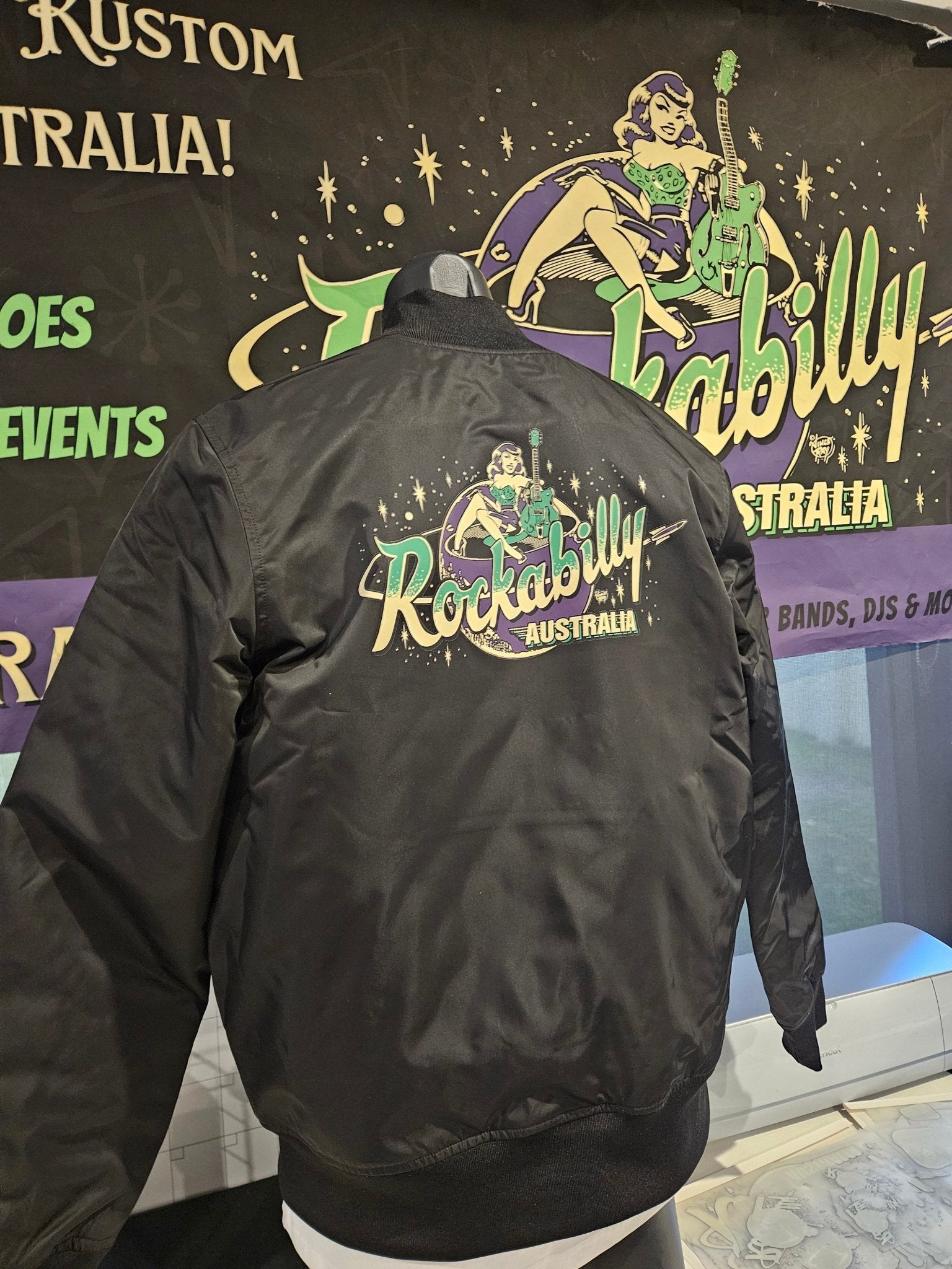 Rockabilly Australia Bomber Jacket with Purple & Green Vince Ray logo - Rockabilly Australia Pty Ltd