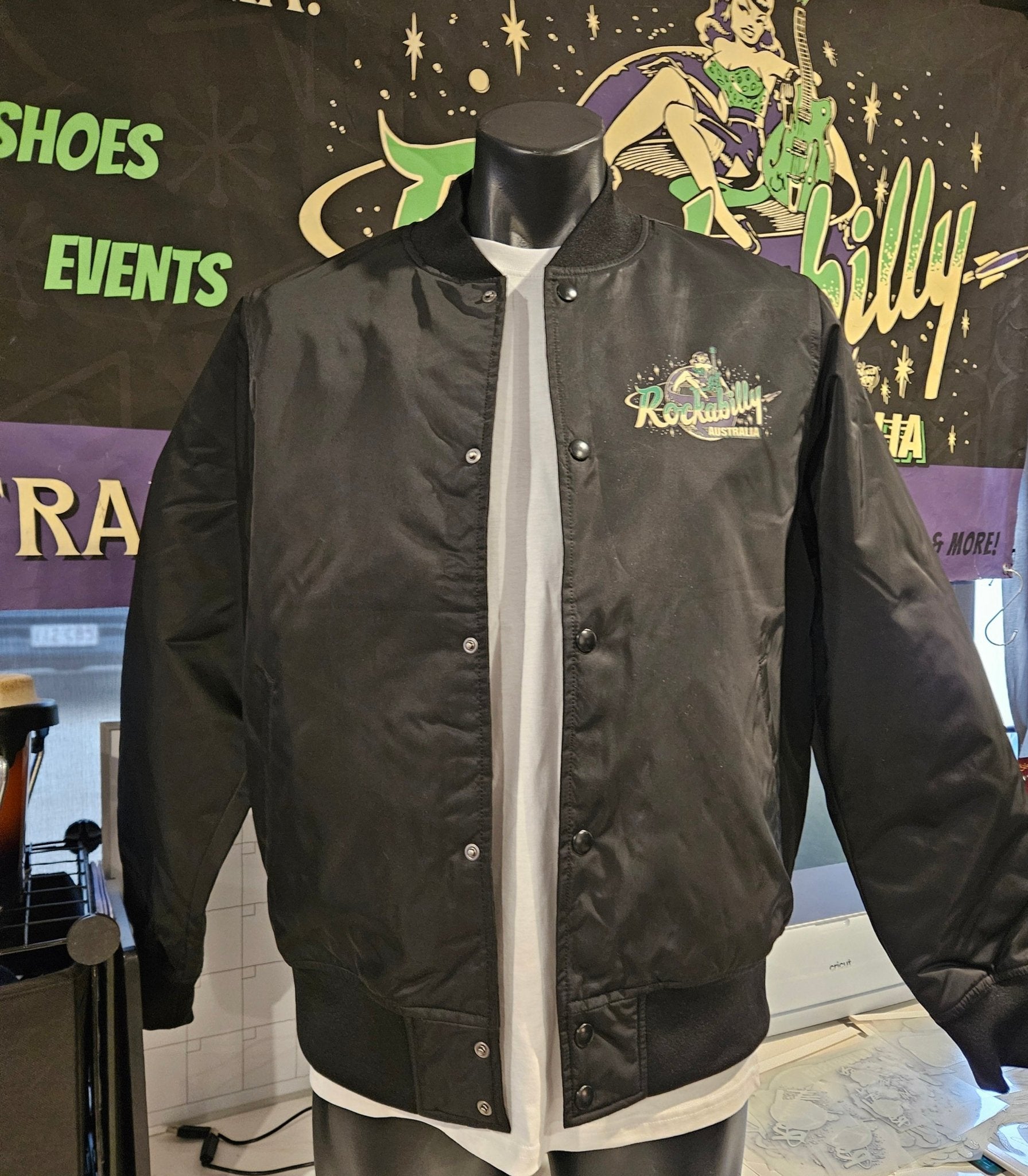 Rockabilly Australia Bomber Jacket with Purple & Green Vince Ray logo - Rockabilly Australia Pty Ltd