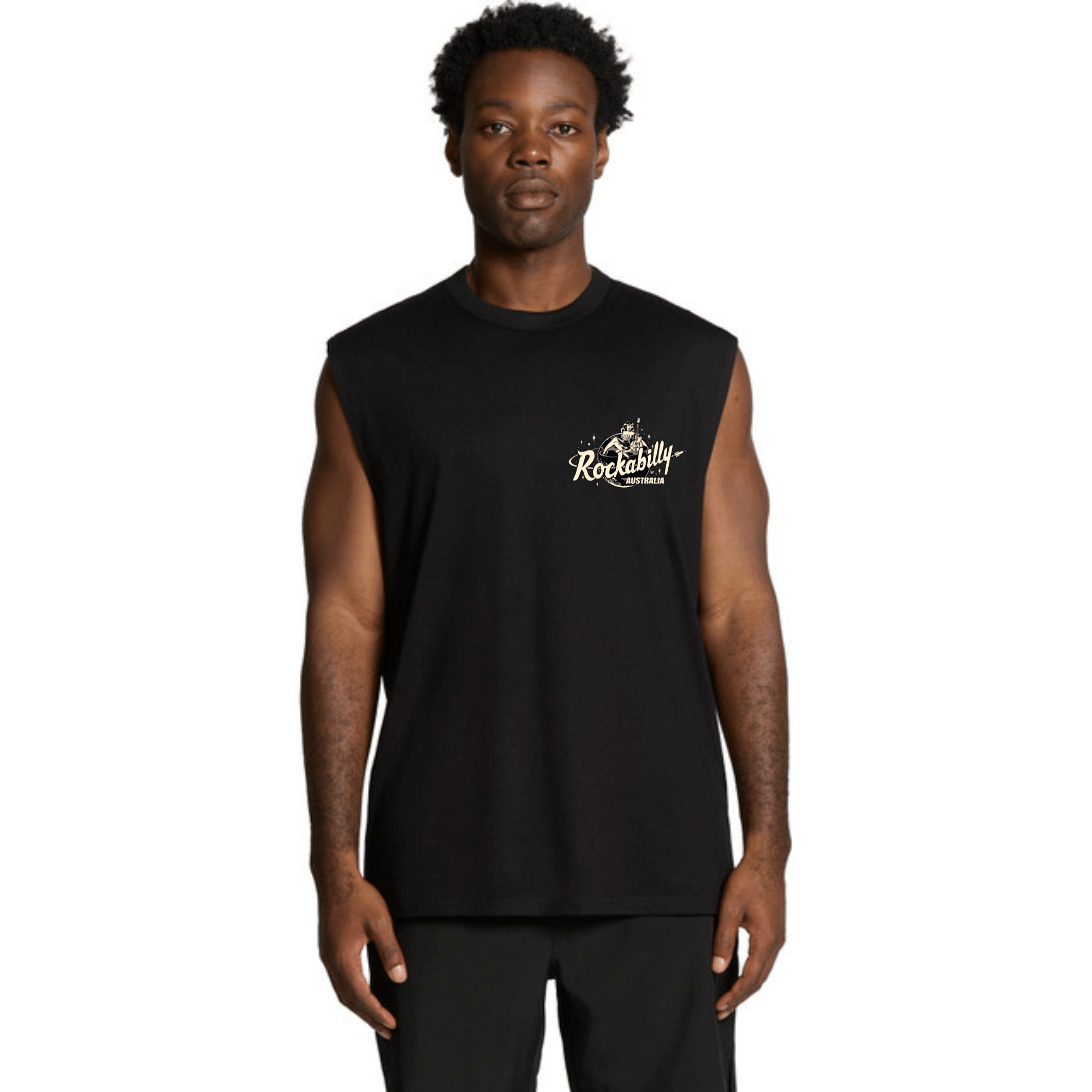 Rockabilly Australia Men's Crew Tank Top with Cream Logo in Black (5073) - Rockabilly Australia Pty Ltd