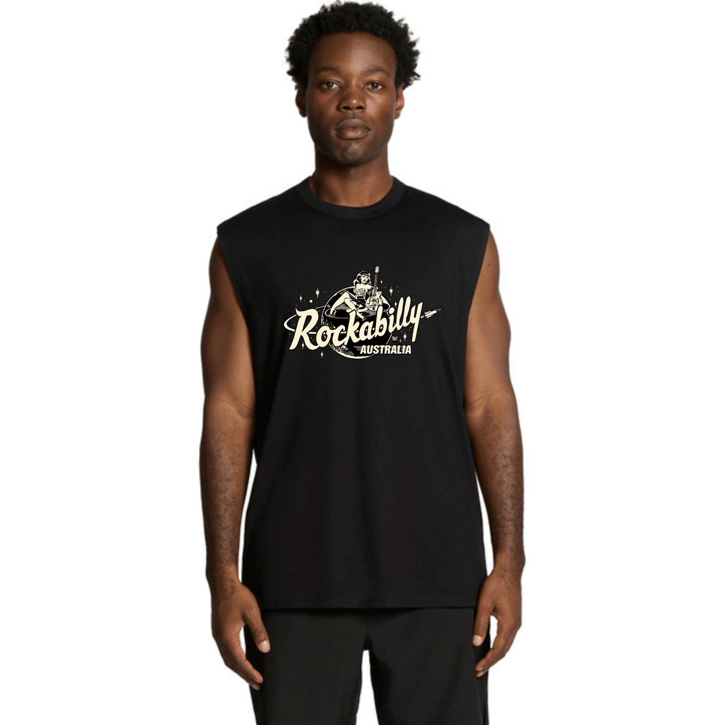 Rockabilly Australia Men's Tank Top with Cream Logo in Black (5073) - Rockabilly Australia Pty Ltd
