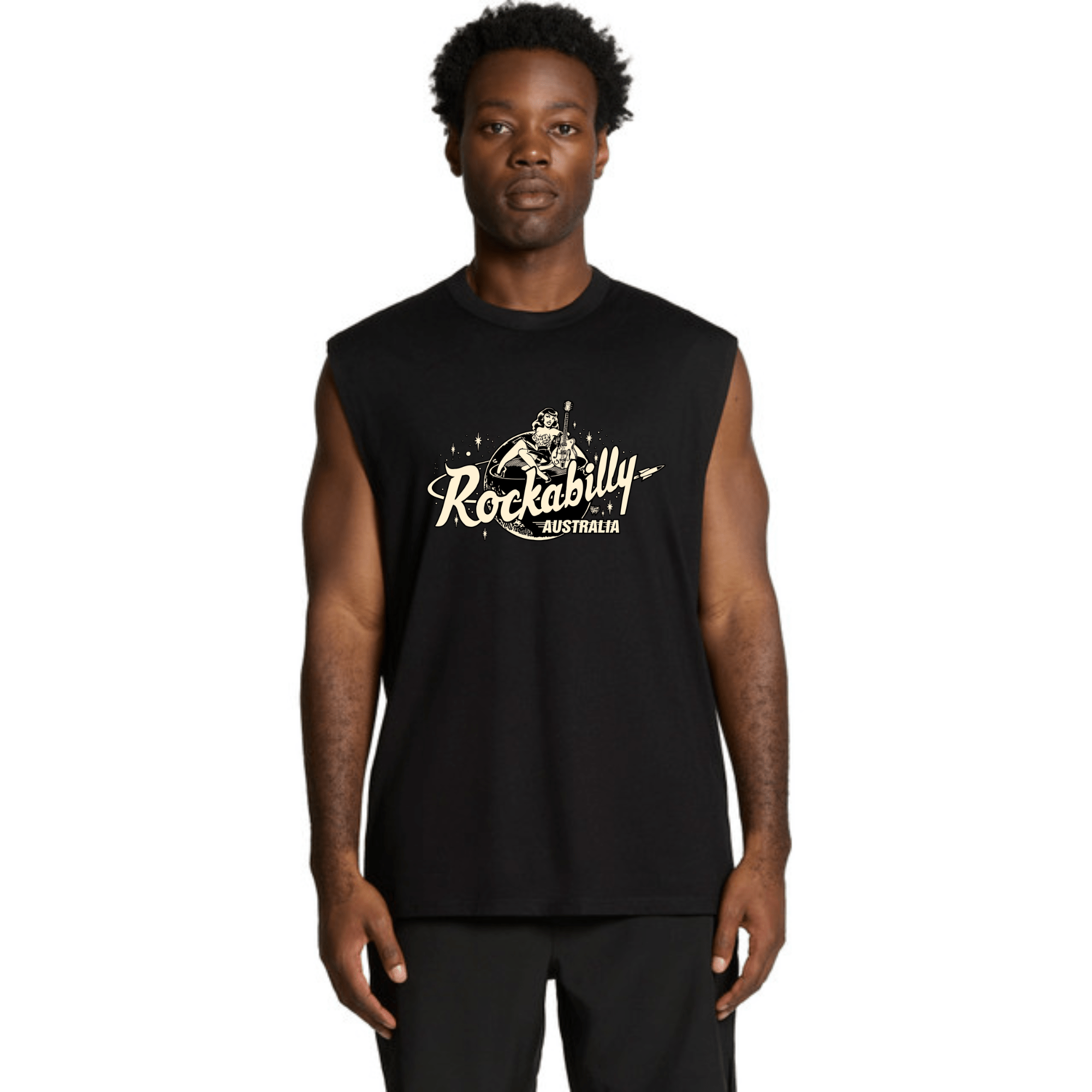 Rockabilly Australia Men's Tank Top with Cream Logo in Black (5073) - Rockabilly Australia Pty Ltd