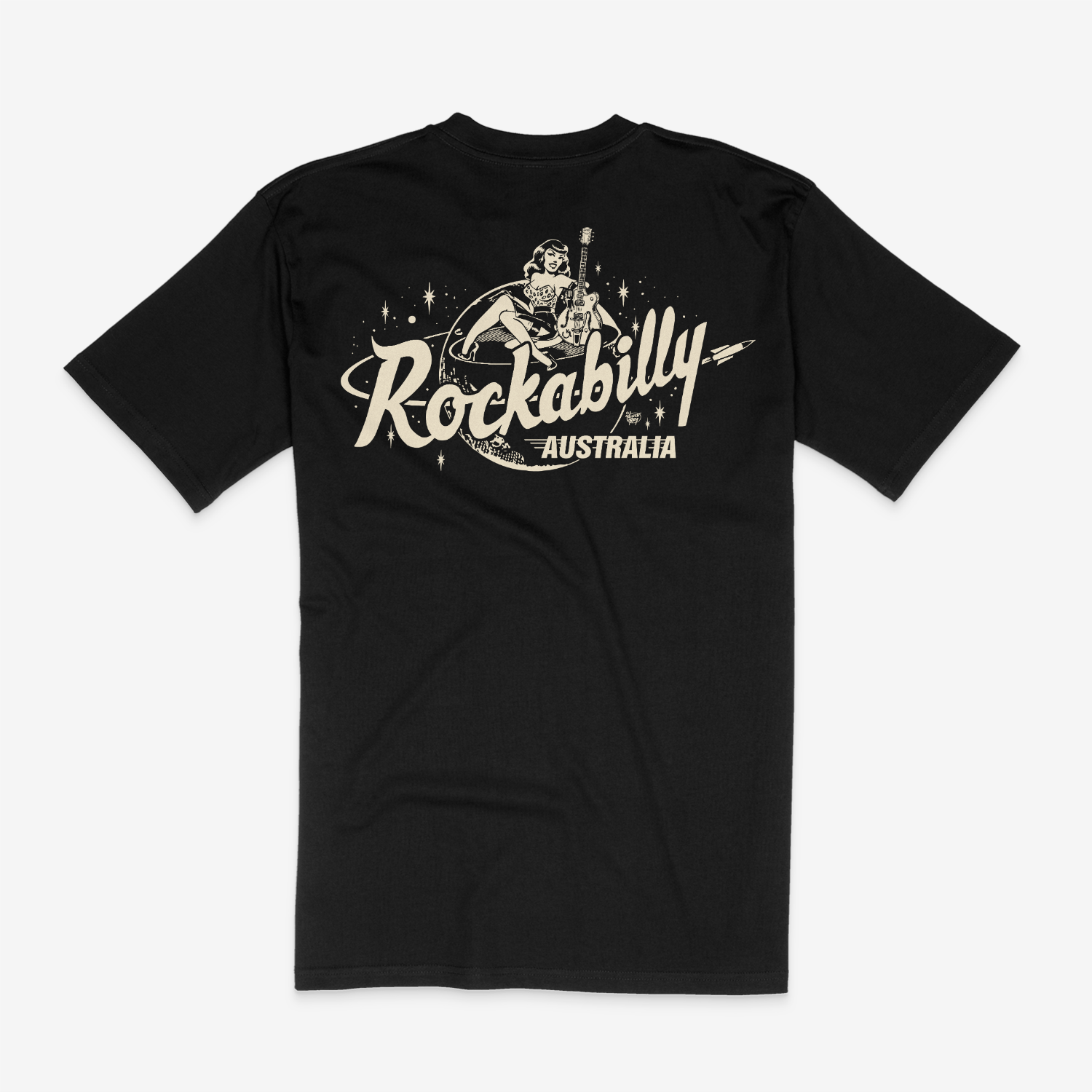 Rockabilly Australia Unisex Crew Tee with Cream Logo in Black - Rockabilly Australia Pty Ltd