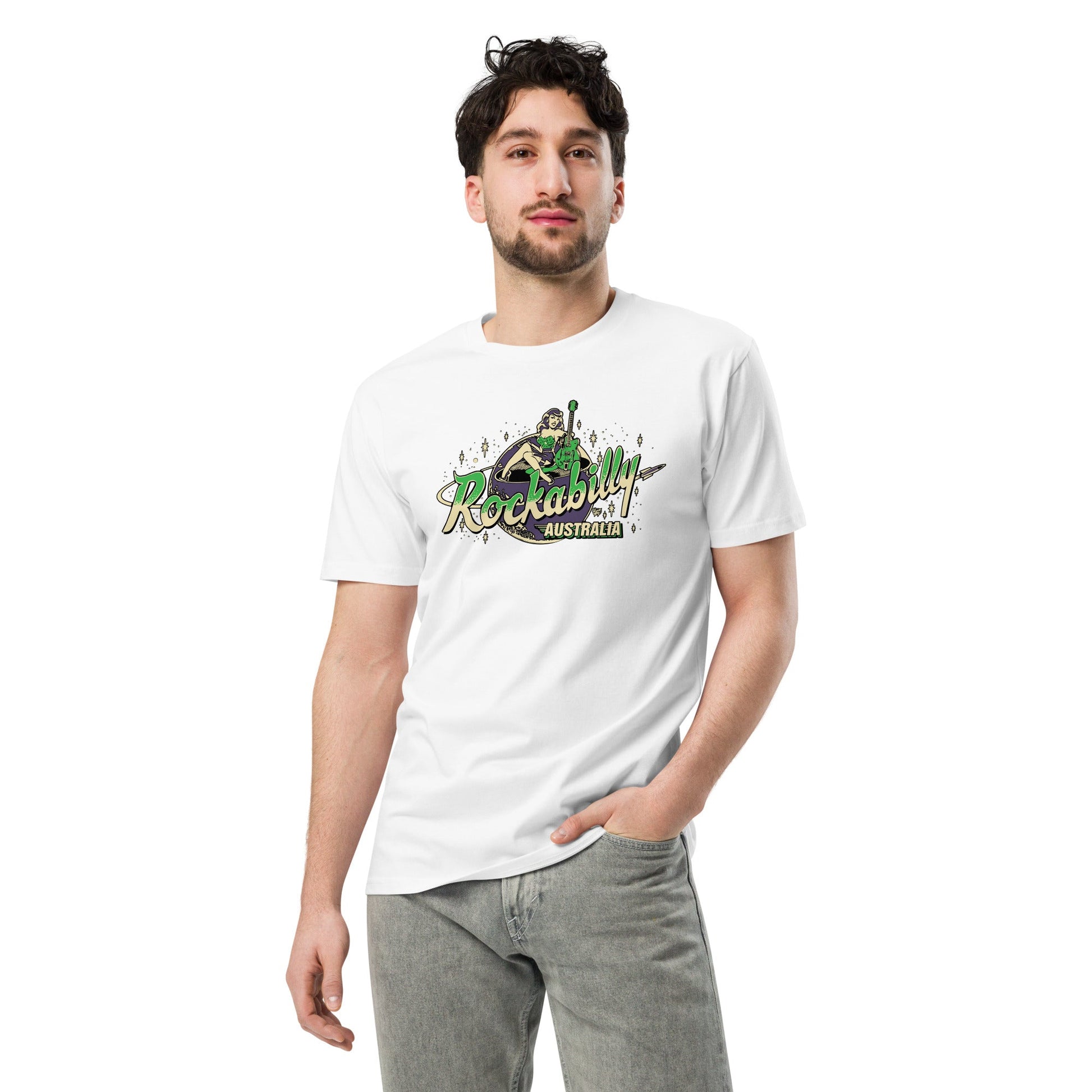 Rockabilly Australia Unisex Tee with Colour Logo in White - Rockabilly Australia Pty Ltd