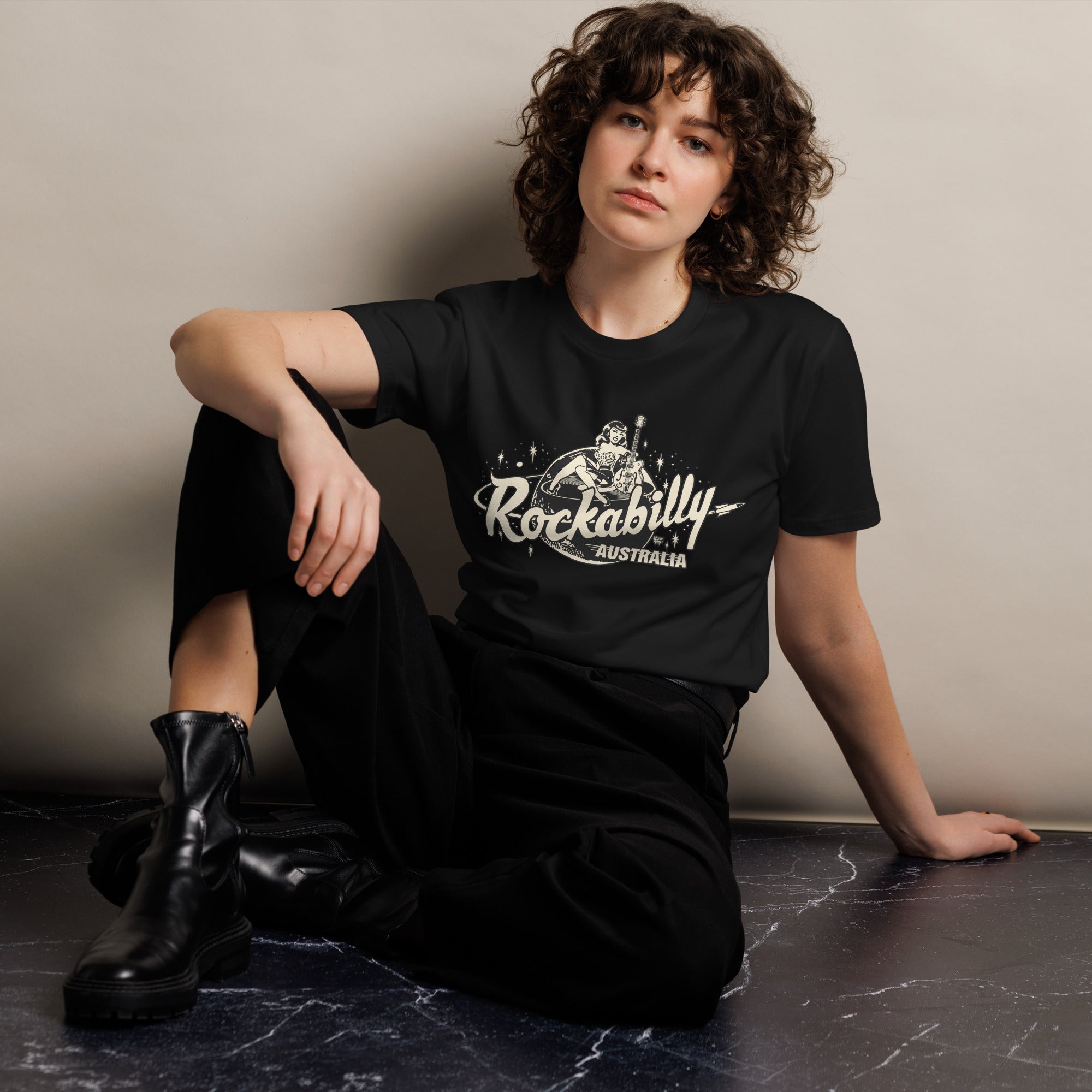 Rockabilly Australia Unisex Tee with Cream Logo in Black - Rockabilly Australia Pty Ltd