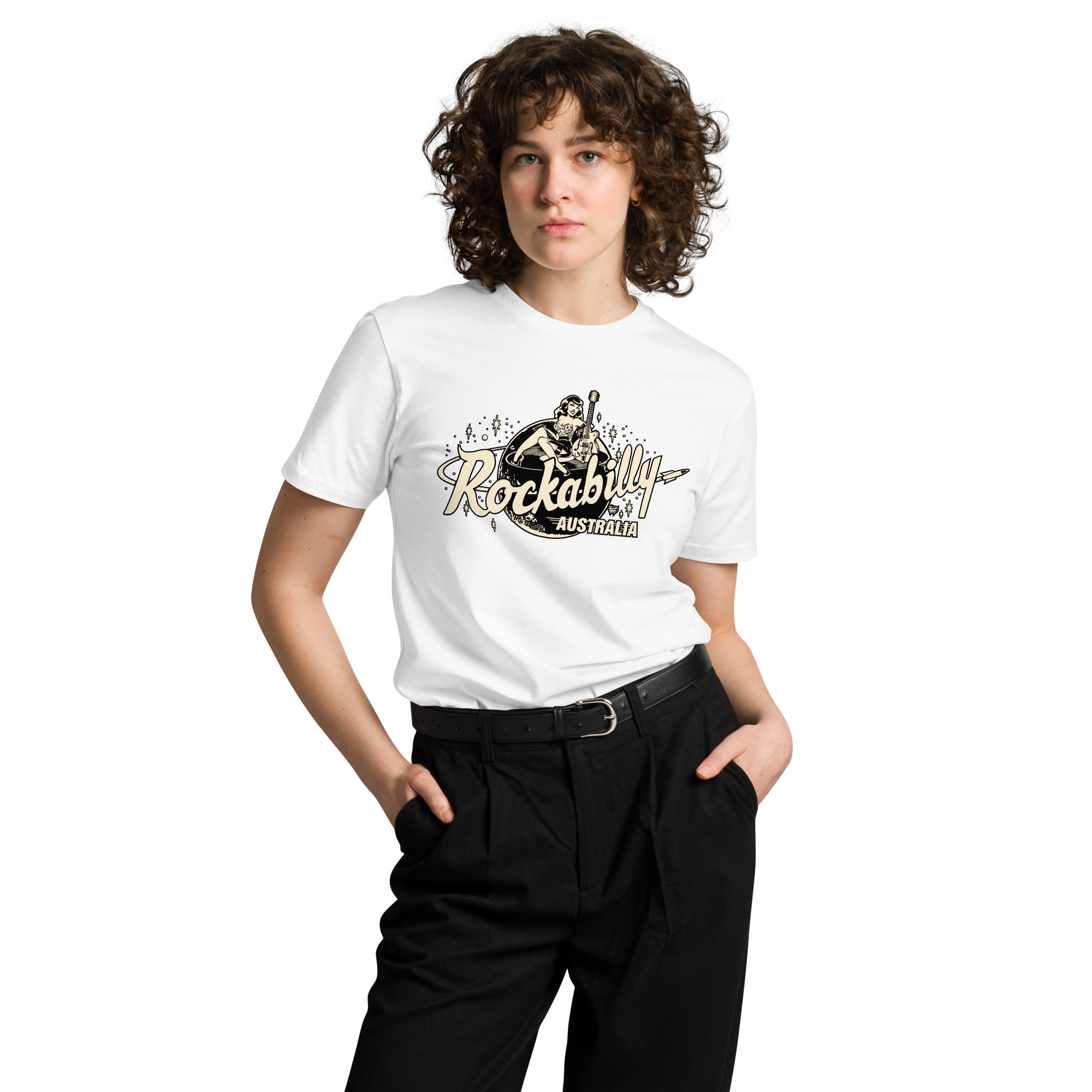 Rockabilly Australia Unisex Tee with Cream Logo in White - Rockabilly Australia Pty Ltd