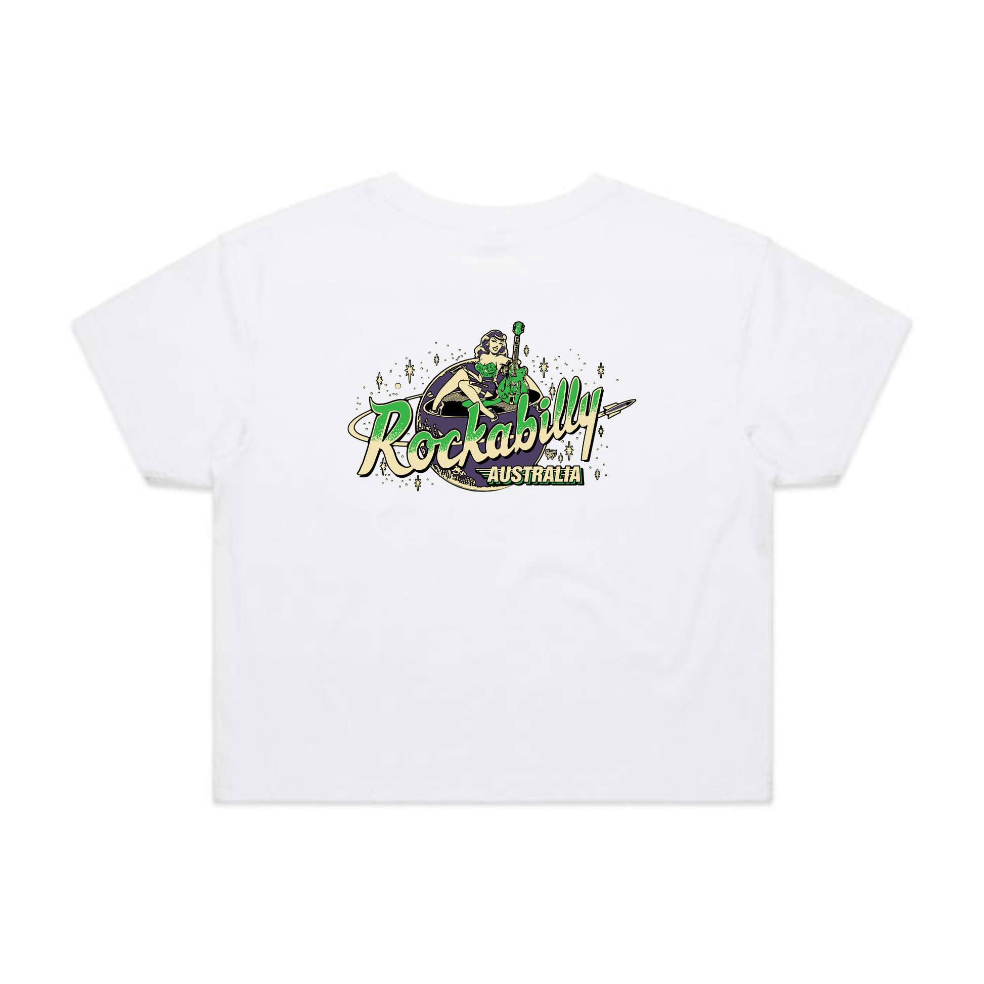 Rockabilly Australia Women’s Crop Crew Tee with Colour Logo in White(4062) - Rockabilly Australia Pty Ltd