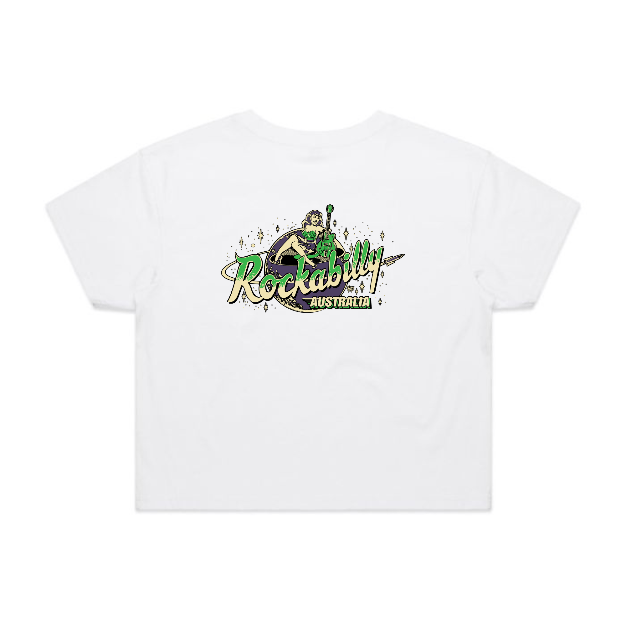 Rockabilly Australia Women’s Crop Crew Tee with Colour Logo in White(4062) - Rockabilly Australia Pty Ltd