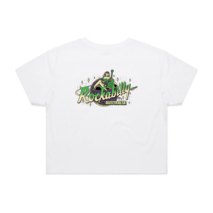Rockabilly Australia Women’s Crop Crew Tee with Colour Logo in White(4062) - Rockabilly Australia Pty Ltd
