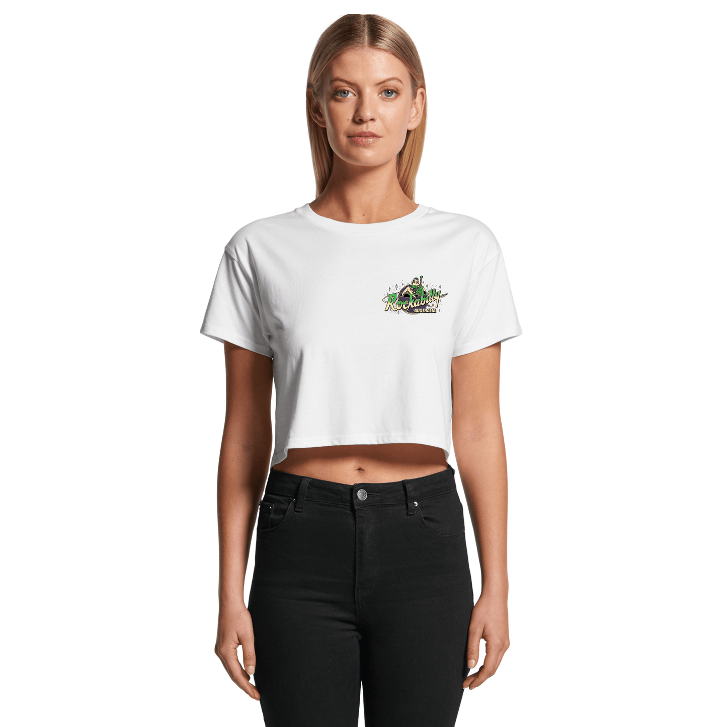 Rockabilly Australia Women’s Crop Crew Tee with Colour Logo in White(4062) - Rockabilly Australia Pty Ltd