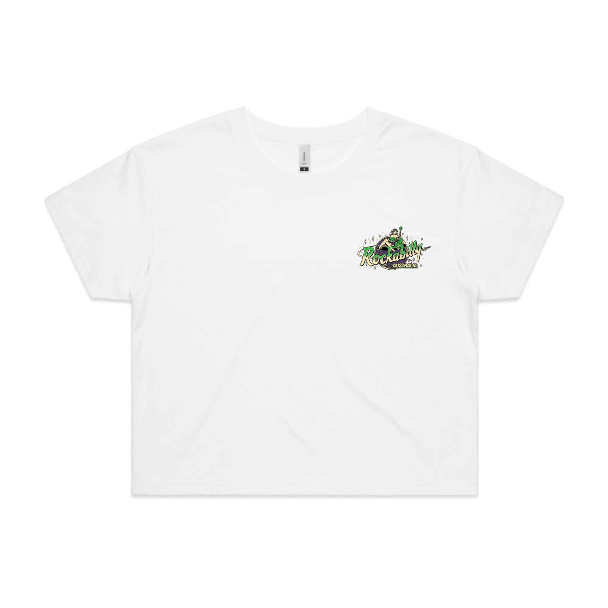 Rockabilly Australia Women’s Crop Crew Tee with Colour Logo in White(4062) - Rockabilly Australia Pty Ltd