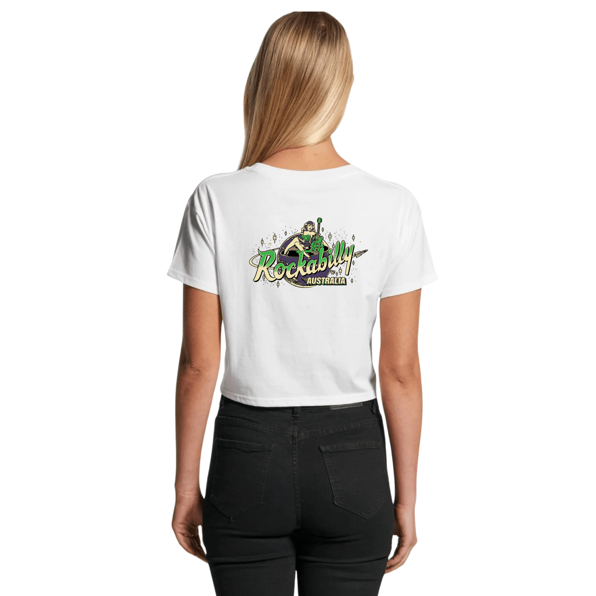 Rockabilly Australia Women’s Crop Crew Tee with Colour Logo in White(4062) - Rockabilly Australia Pty Ltd