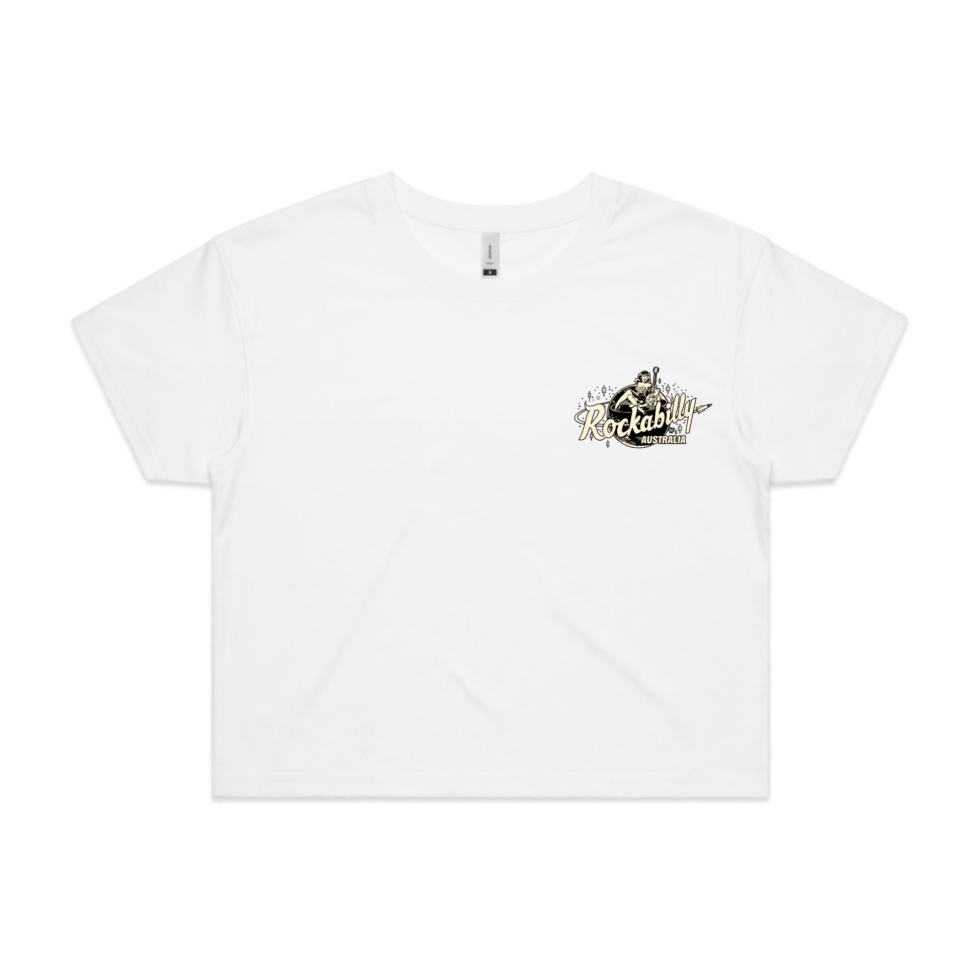 Rockabilly Australia Women’s Crop Crew Tee with Cream Logo in White (4062) - Rockabilly Australia Pty Ltd