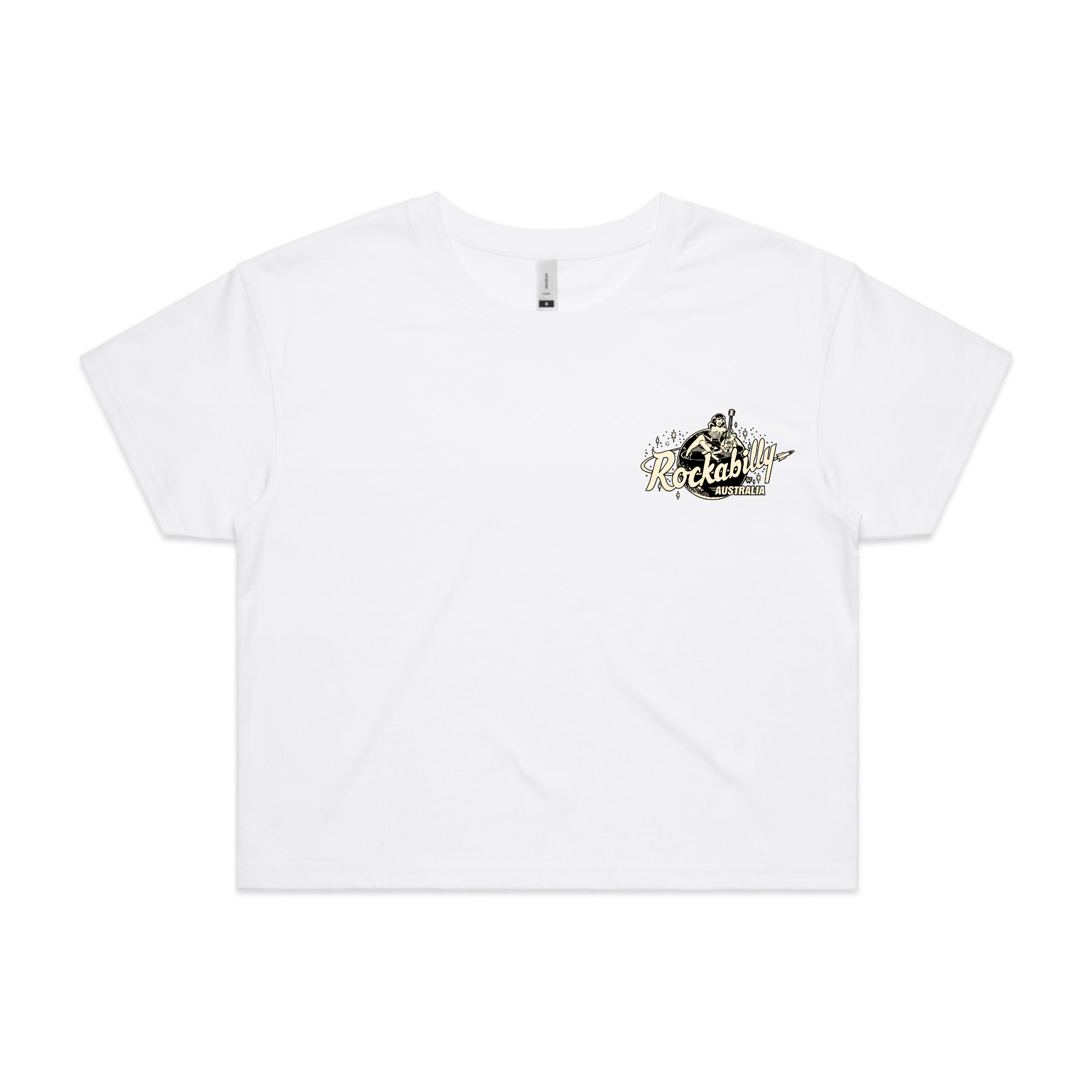 Rockabilly Australia Women’s Crop Crew Tee with Cream Logo in White (4062) - Rockabilly Australia Pty Ltd