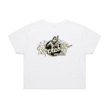 Rockabilly Australia Women’s Crop Crew Tee with Cream Logo in White (4062) - Rockabilly Australia Pty Ltd