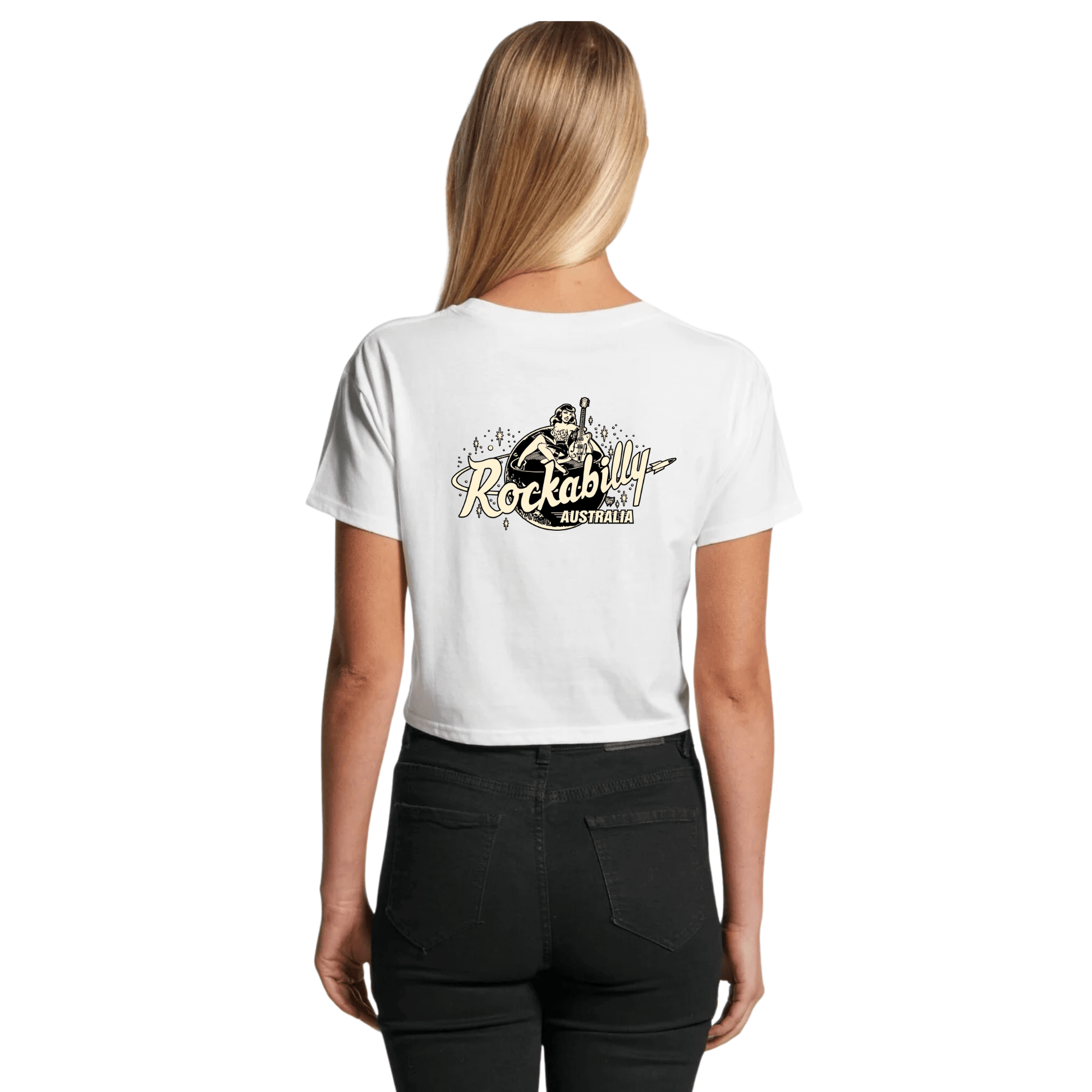 Rockabilly Australia Women’s Crop Crew Tee with Cream Logo in White (4062) - Rockabilly Australia Pty Ltd