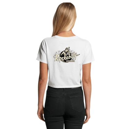 Rockabilly Australia Women’s Crop Crew Tee with Cream Logo in White (4062) - Rockabilly Australia Pty Ltd