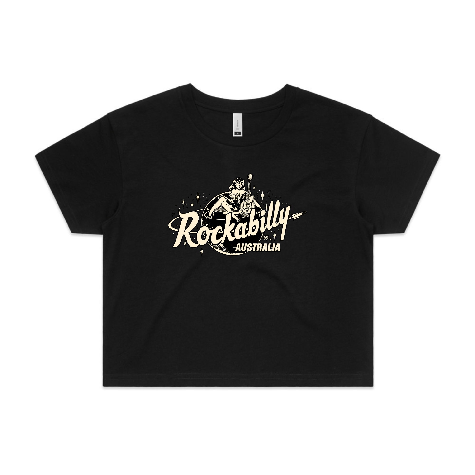 Rockabilly Australia Women’s Crop Tee with Cream Logo in Black (4062) - Rockabilly Australia Pty Ltd