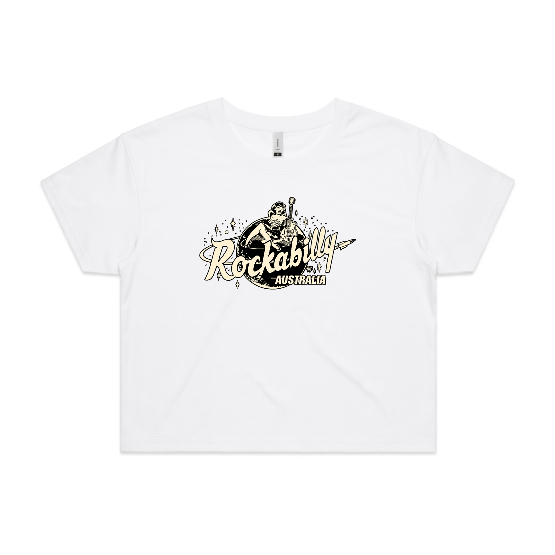 Rockabilly Australia Women’s Crop Tee with Cream Logo in White (4062) - Rockabilly Australia Pty Ltd