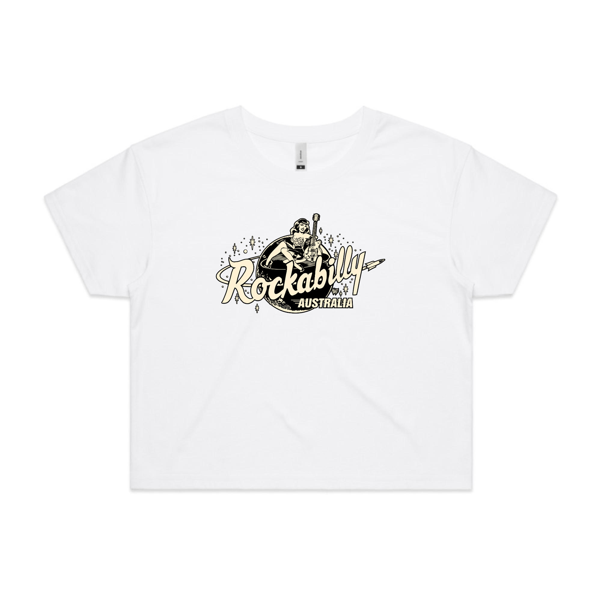 Rockabilly Australia Women’s Crop Tee with Cream Logo in White (4062) - Rockabilly Australia Pty Ltd