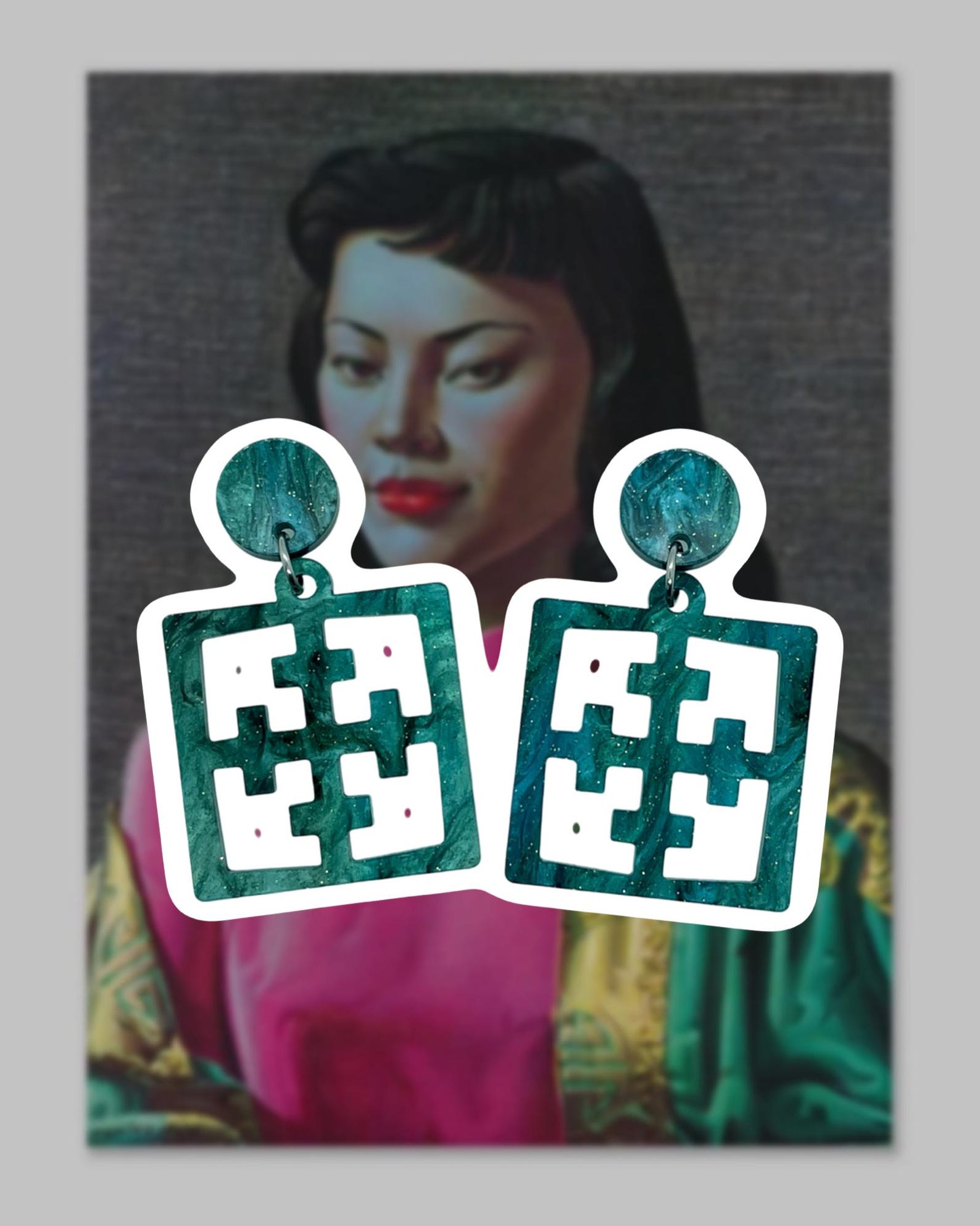 Tiki Chinese Jade Tile Style Breeze Block Earrings. Emerald Sparkle Acrylic Statement Earrings. MCM Style. Breeze Block Earrings. Tiki Bars. - Rockabilly Australia Pty Ltd