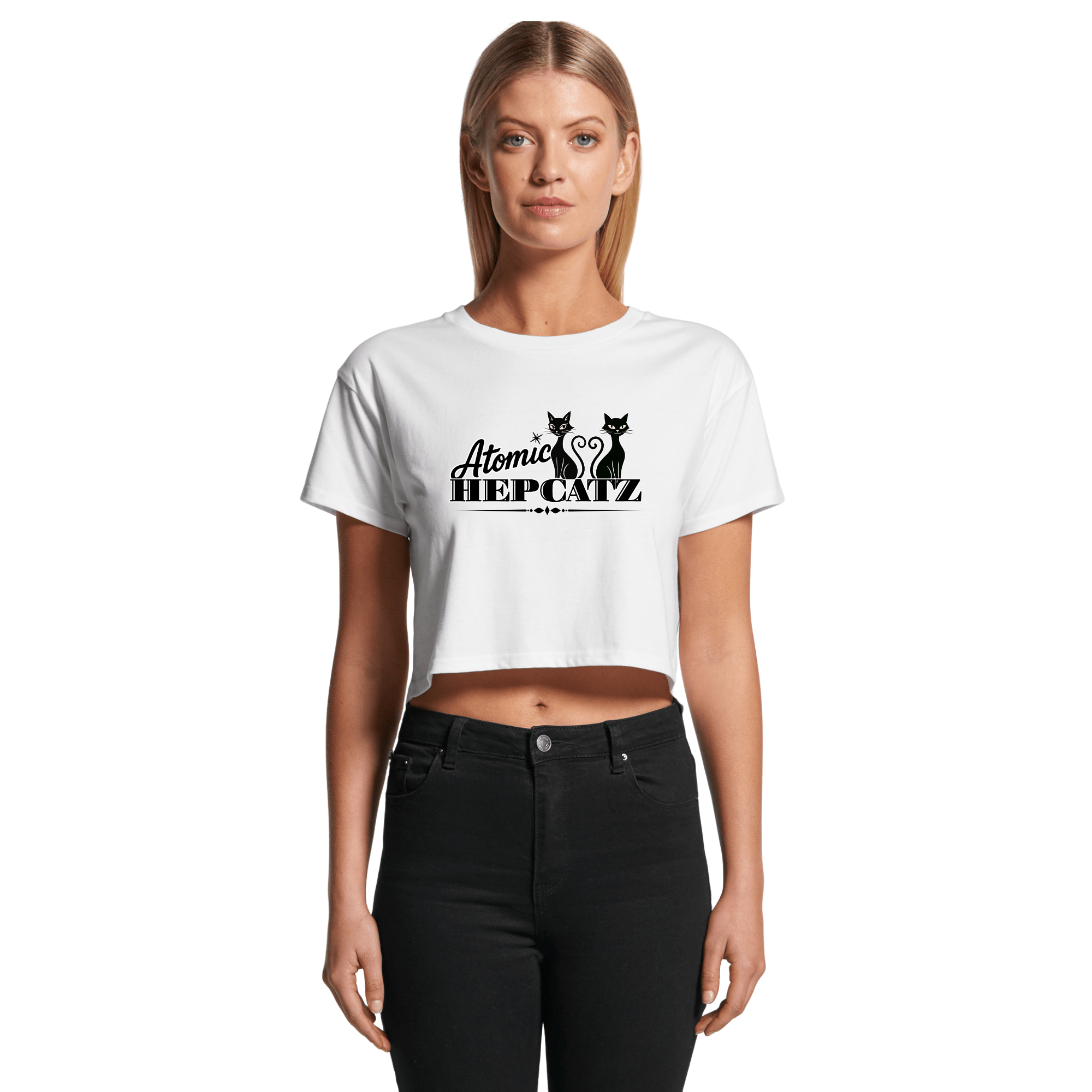 White Atomic Hepcatz Women’s Crop Tee (4062) - Rockabilly Australia Pty Ltd