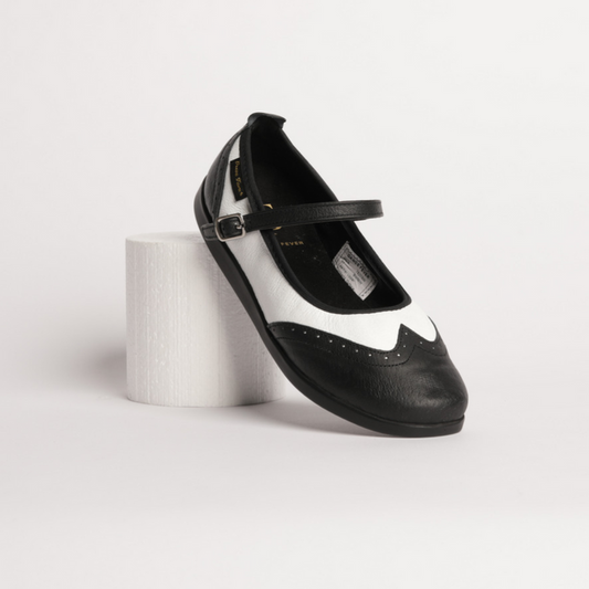 Ladies, Classic, Mary Jane, Wingtip, In Black And White Leather With Dual Pivot Point, Spin Spot And Ultra Flexible, Smooth Sole Dance Shoe - (7820BW-1) - Rockabilly Australia Pty Ltd