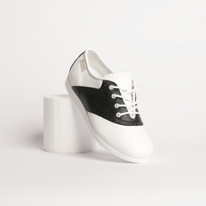 Ladies, Classic, 1950'S Inspired Saddle Shoe, In White And Black Leather, With Dual Pivot Point, Spin Spots And Ultra Flexible, Smooth Sole Dance Shoe - (7819-1) - Rockabilly Australia Pty Ltd
