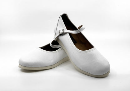 Ladies white classic rock'n'roll dance flats by My Juju Dance Fever.   Hand crafted with carefully selected genuine leather for upper and inner   Single strap with elastic buckle for a stronger hold and added movement   Elegant, closed-toe design   Flat cushioned, smooth rubber sole enables you to dance on all surface types!  Super lightweight for fast movements on the dance floor.  Gel innersole for long lasting cushioned support   Stylish & comfortable design with fantastic versatility for all types of da