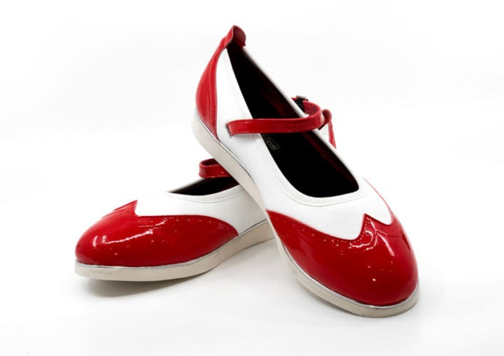 Ladies premium red & white wingtip style classic rock'n'roll dance flats by My Juju Dance Fever.   Hand crafted with carefully selected genuine leather for upper and inner   Single strap with elastic buckle for a stronger hold and added movement   Elegant, closed-toe wingtip design   Flat cushioned, smooth rubber sole enables you to dance on all surface types!  Super lightweight for fast movements on the dance floor.  Gel innersole for long lasting cushioned support   Stylish & comfortable design with fanta