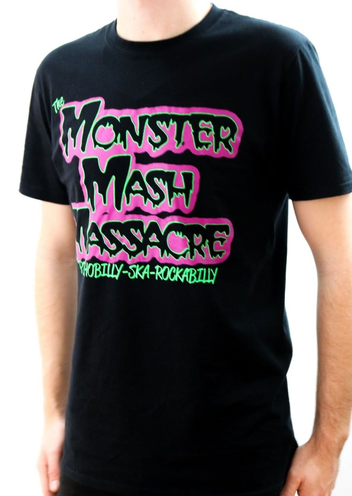 Unisex "Monster Mash Massacre- Psychobilly, Ska, Rockabilly" Tee in black. Now available from Rockabilly Australia in sizes Small to Extra Large!