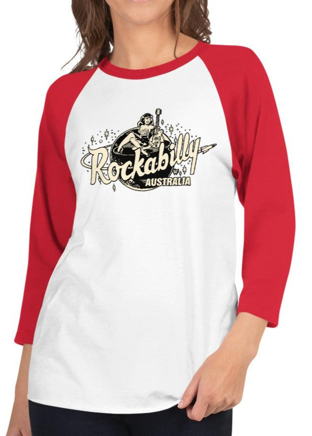 "Rockabilly Australia" Printed Unisex 3/4 Sleeve Tee with Cream Logo - Rockabilly Australia Pty Ltd